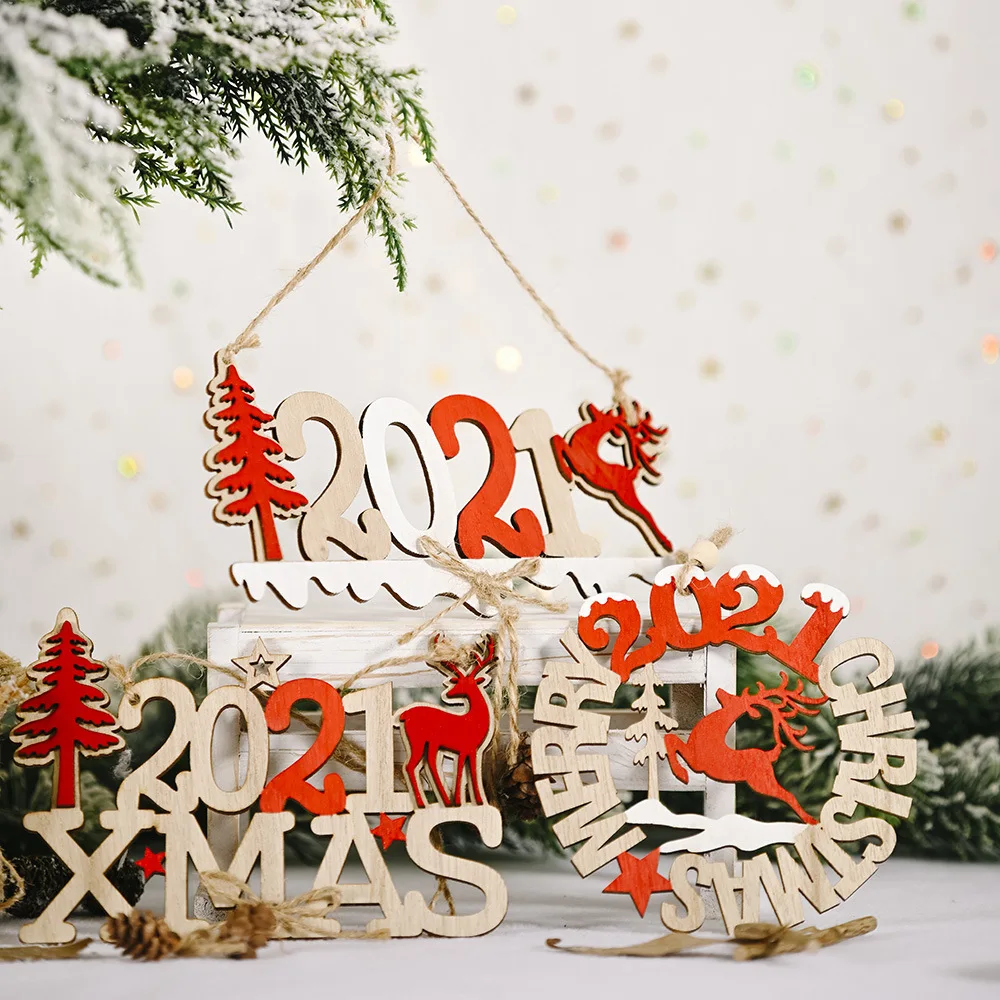 

3PCS Merry Christmas Letter Wooden Pendants Ornaments Xmas Tree Ornament Wood Crafts For Home Wall Christmas Party Decoration