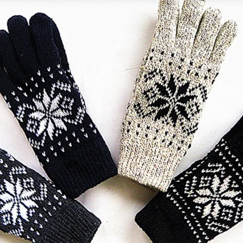 Мужские и женские зимние вязаные перчатки с плюшевой подкладкой, теплые жаккардовые лыжные варежки снежинки, теплые, рождественский