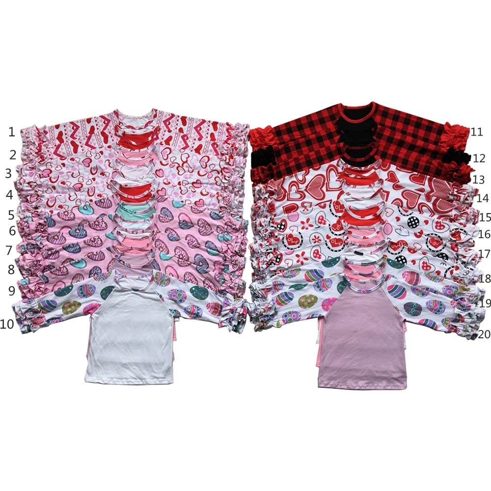 

New Christmas Buffalo Plaid Baby Girls Icing Ruffle T-shirt Heart-shaped Donuts Easter Egg Monogram Long-Sleeve Raglan Shirt