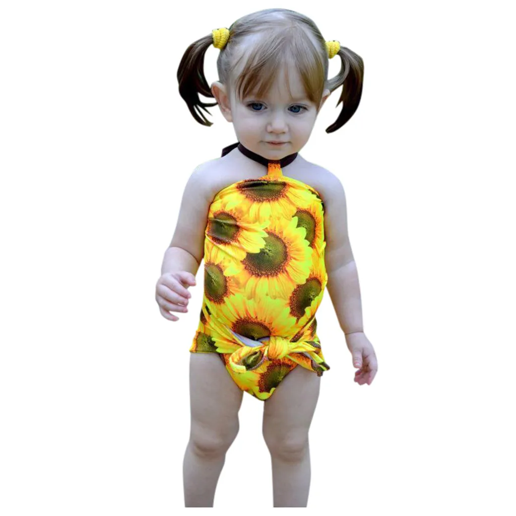 Желтый купальный костюм для маленьких девочек с принтом подсолнуха, жилет с бантом, бикини, купальный костюм для малышей, купальный костюм, пляжная одежда