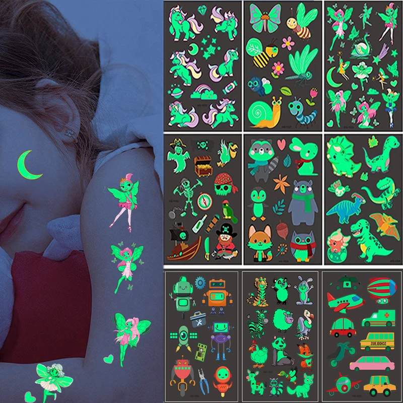Tattoo Sticker Luminous Night Temporary Tattoo Sticker Children Unicorn Stars Dinosaur Car Animal Cartoon Waterproof Body Art