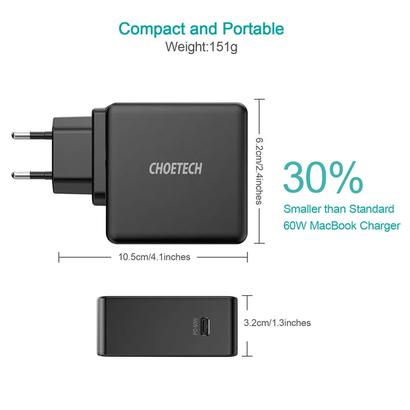 CHOETECH PD 60 Вт USB-C зарядное устройство для MacBook Pro/Воздушный iPad Pro samsung ASUS acer Dell зарядное устройство для планшета QC 3,0 для nintendo Switch