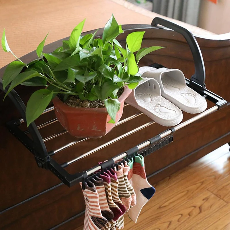  Folding Telescopic Balcony Drying Shoe Rack Multiple Hook Adjustment Clothes Rack Outdoor Storage R