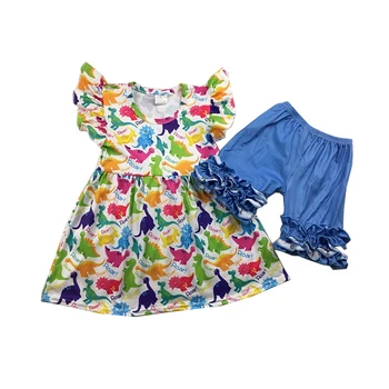 

Cute girls' summer short sets dinosaur pattern boutique icing ruffle colorful outfits