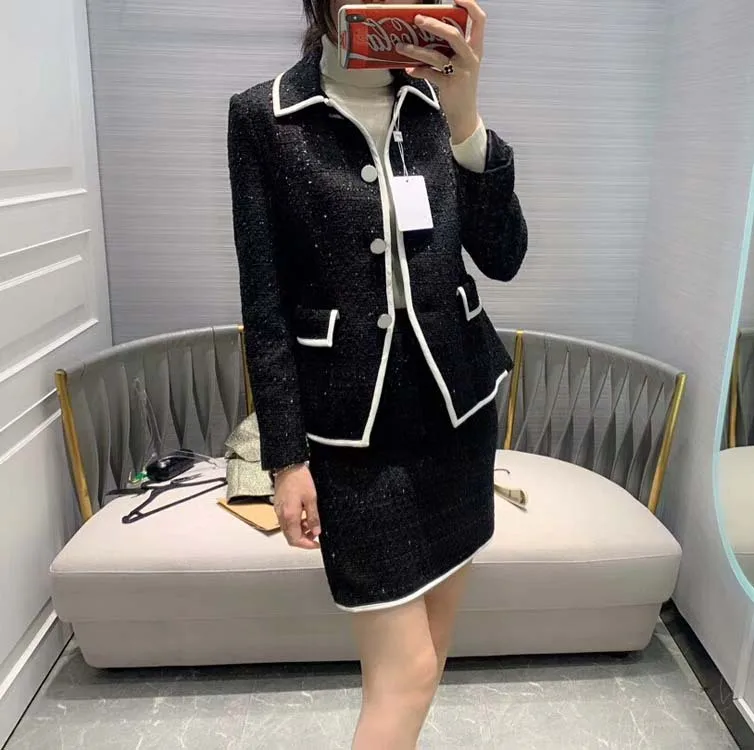 Осенний женский Тонкий твидовый блейзер пальто+ юбка трапециевидной формы костюмы из 2 предметов женские комплекты с юбкой 2 цвета tcali