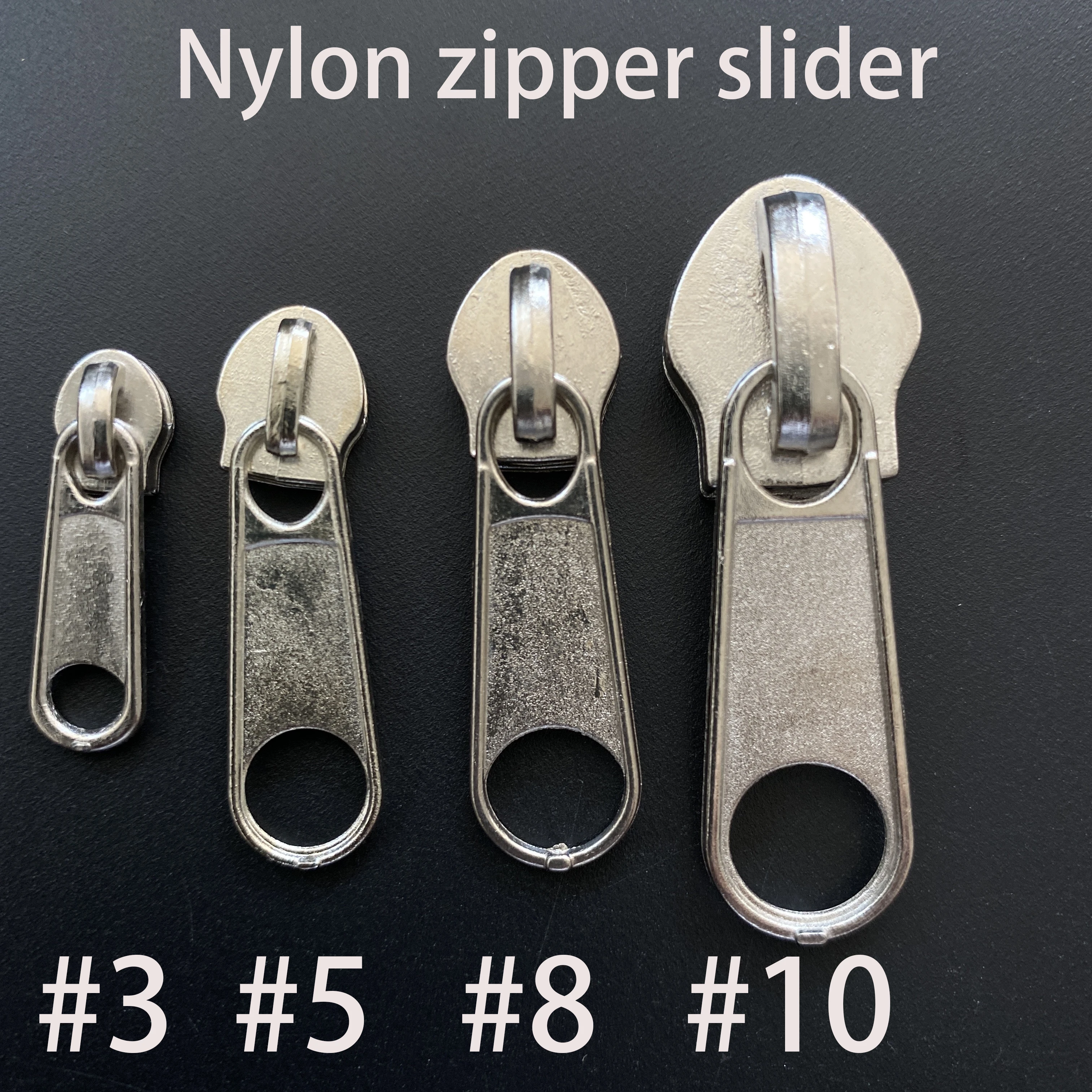 Description Picture 2 of item#3 #5 #8 #10 Zipper Pulls Nylon Zipper Head Sliver Zipper Pull Slider