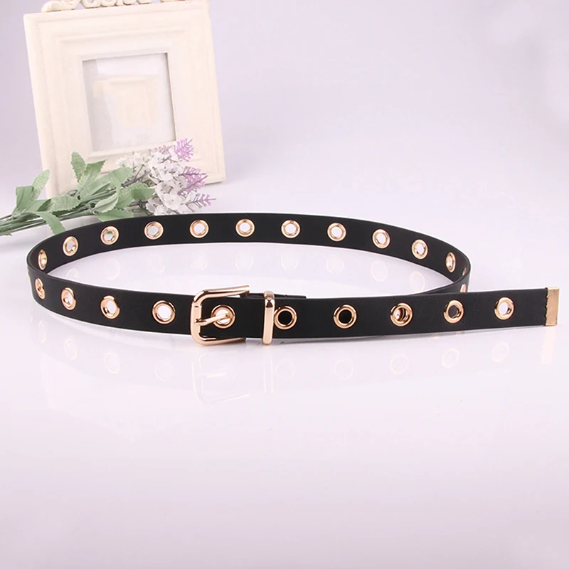 GAOKE 1.4cm Wide Black Grommet Narrow PU Leather Women Belt Eyelet Square Alloy Pin Buckle Female Waistband Jeans Belts
