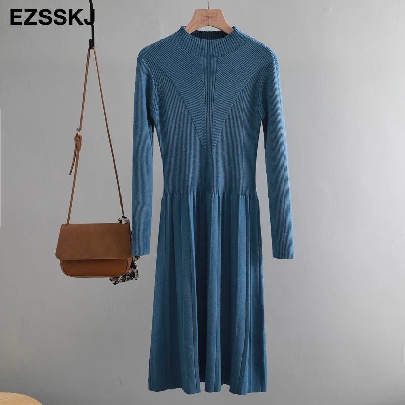 Элегантное OL облегающее длинное платье-свитер с высоким воротом, женское плотное Плиссированное осенне-зимнее платье, женское приталенное ТРАПЕЦИЕВИДНОЕ Повседневное платье - Цвет: Синий