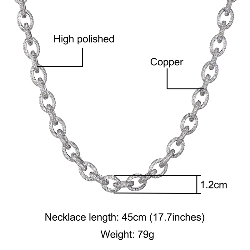 Hip Hop 12MM Iced Out AAA CZ Twisted Oval Cuban Link Chain Necklace Big Clasp Gold Silver Color Zircon For Men Copper Jewelry