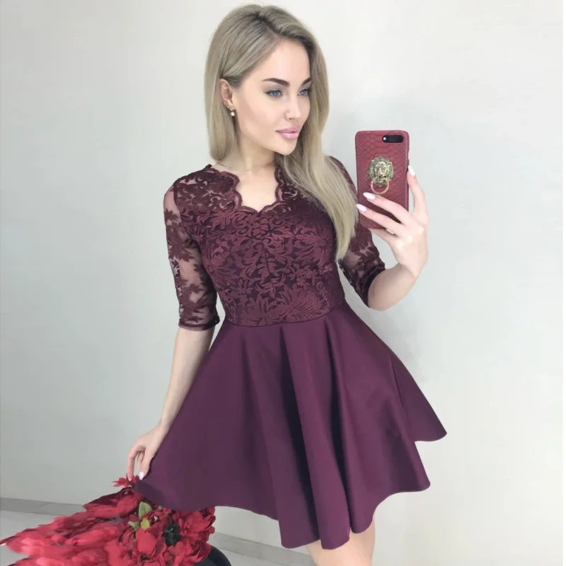 

Women Vintage Lace Patchwork A-line Party Dress Short Sleeve V neck Solid Elegant Casual Dress 2020 Summer New Fashion Dress