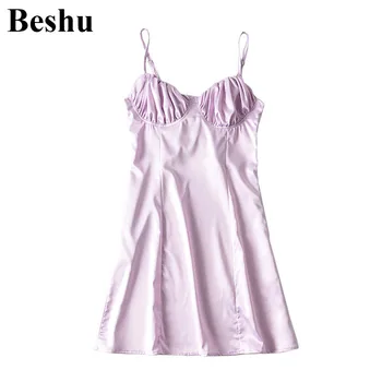 

za 2020 fashion mini sling dress women 2-colors smooth satin folds side zipper sling dress female slim back cross lace-up mujer