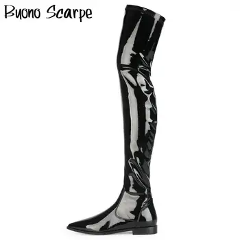 

Patent Leather Women Thigh High Boots Pointed Toe Flat Designer Long Boots Sexy Over The Knee Zipper Shoes Chaussure Femme Botas
