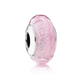 

New Original 925 Sterling Silver Glaze Beads Ball Charms Fit Pan Bracelet Pink Flicker Section Glass Charm Women DIY Jewelry