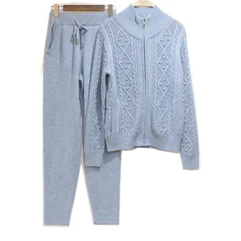 

Fashion brand Winter Woolen and Cashmere Knitted warm Suit Twist knit Sweater + Mink Cashmere Trousers Leisure Two-piece