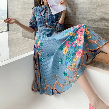 

Bohemia Vintage Print Flowers Long Sleeve Stitching Lace Beaded Bow Slim Fit Temperament Elegant Pleated Dress Women'S New