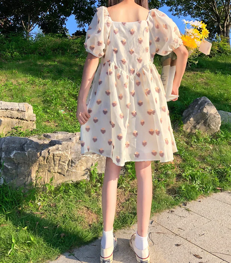 Japanese Summer New Kawaii Soft Girly Dresses Elegant Square Collar Cute Puff Sleeve Sweety Girl Strawberry Bow Loose Dress