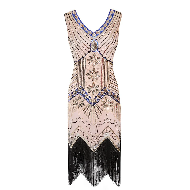 Женское винтажное платье 1920 s Great Gatsby, платье с блестками, v-образный вырез, кисточки, облегающее платье для вечеринки с бисером платья с блестками, арт-деко, двойной