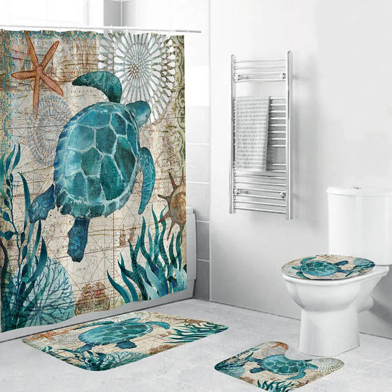 Sea Turtles Bathroom Polyester Shower Curtain Non Slip Toilet Cover Rugs Mat Set
