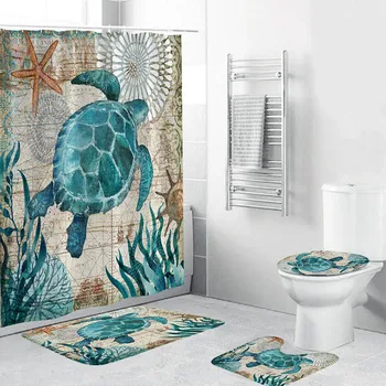 

Sea Turtles Bathroom Polyester Shower Curtain Non Slip Toilet Cover Rugs Mat Set Host Sale