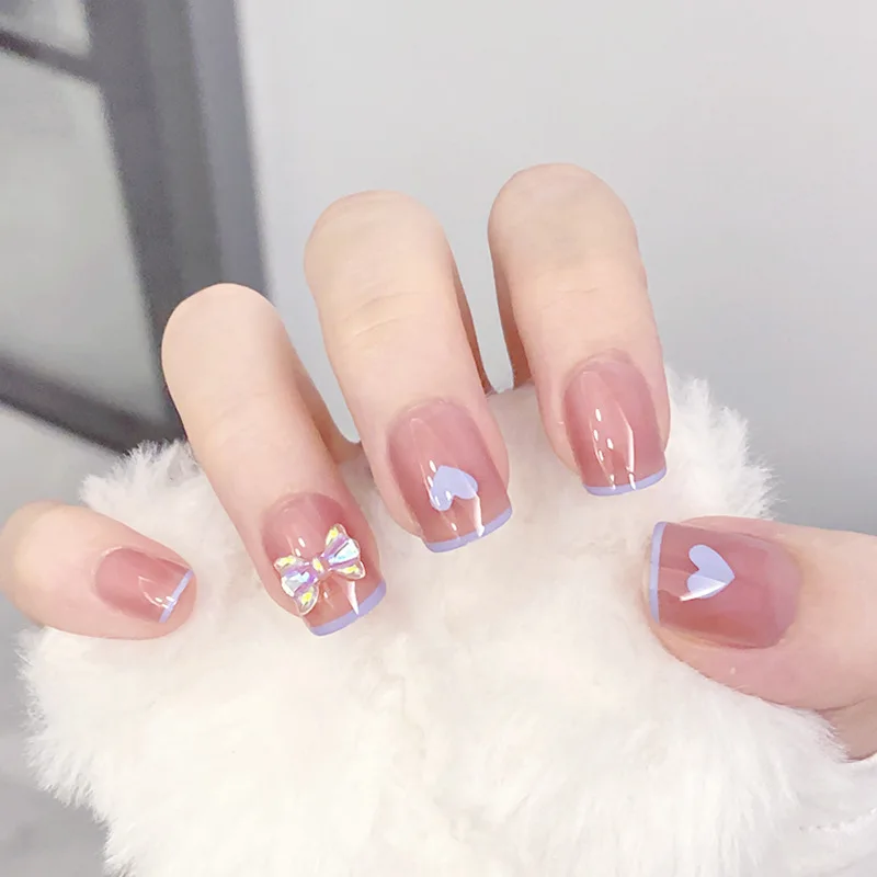Short square head light purple French blue edge nail enhancement finished product Aurora butterfly net red and white | Красота и