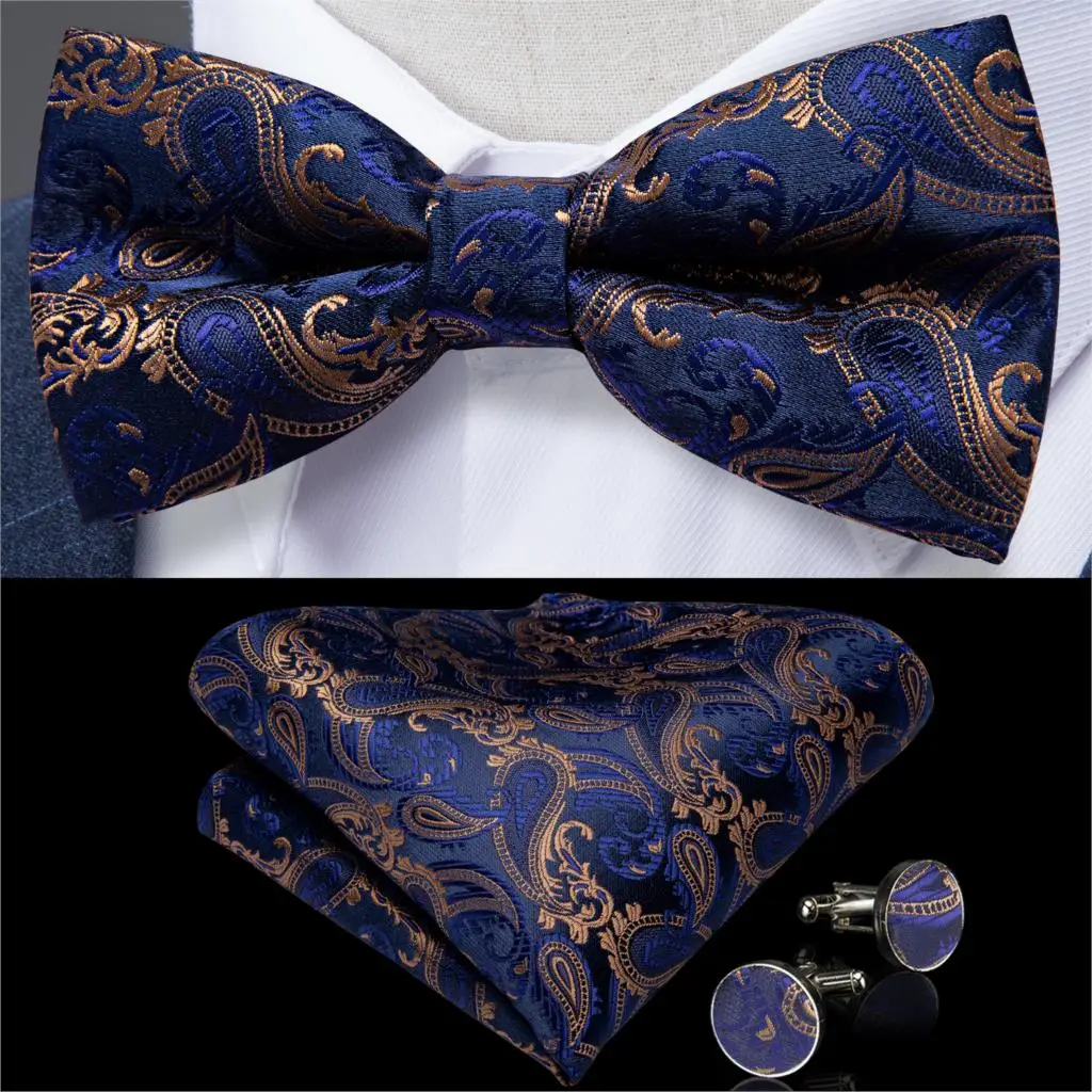 Мужской Шелковый галстук-бабочка с предварительно завязанным галстуком-бабочкой для мужчин, набор карманных квадратных запонок с бабочкой-бабочкой синего цвета, вечерние галстуки-смокинги с цветочным принтом