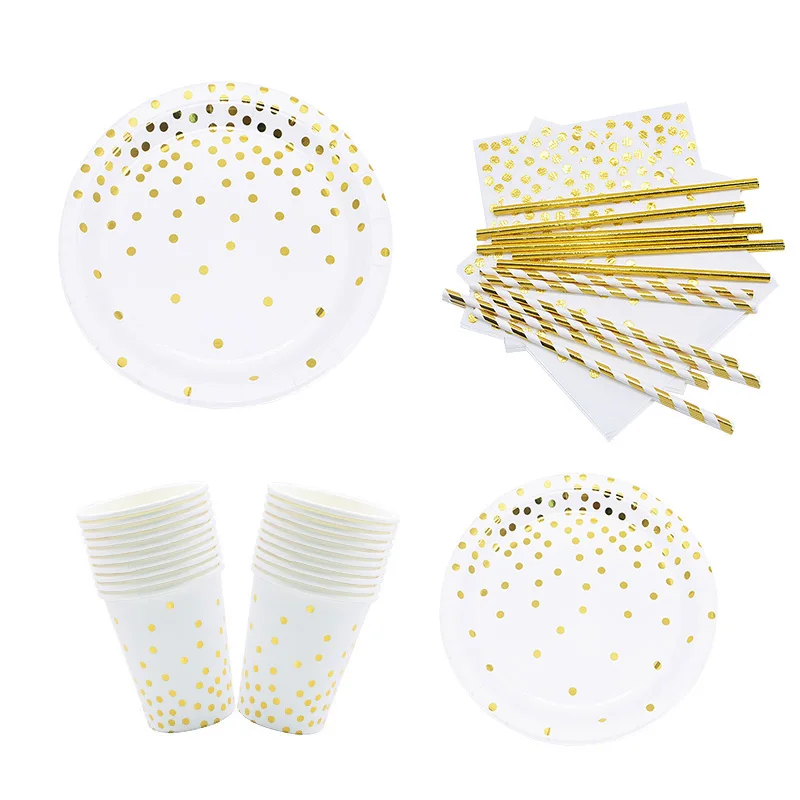 Набор одноразовой посуды в горошек из золотой фольги бумажные тарелки под