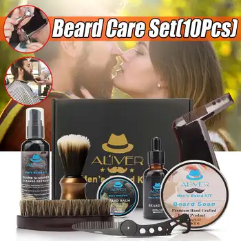 

10pcs Men Beard Kit Styling Tool Beard Aprons Balm Beard Oil Comb Moisturizing Wax Styling Scissors Beard Care Set