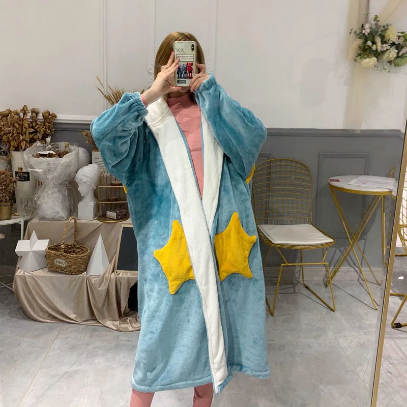 

Warm Thicken Women Pajamas Loose Large Size Long Sleeved Sleepwear Flannel Star Home Clothes Cute Cardigan button Female Pyjamas