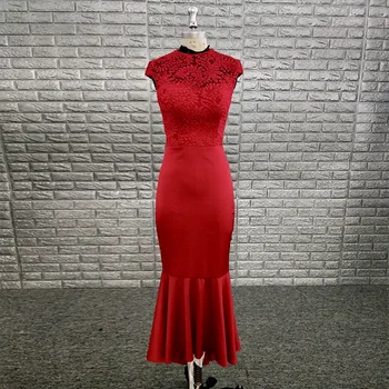 

Girls Jewel Cap Sleeve Lace Mermaid Tea Length Cheap Bridesmaid Dress
