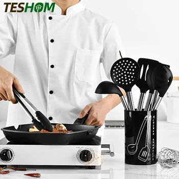 

9 Pcs Kitchen Utensils Set Cooking Tools Silicone Stainless Steel Non-stick Spatula with Storage Box Black Spatula Kitchen Tools
