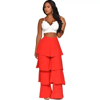 

High Street Tiered Layered Ruffles Flare Pants Women High Waisted Long Trousers Office Lady Workwear Solid Irregular Loose Pants