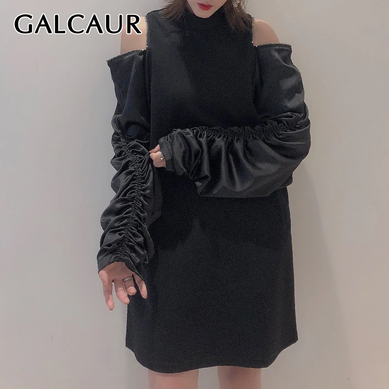 GALCAUR корейский стиль, лоскутные платья с завязками для женщин, с круглым вырезом, с открытыми плечами, с рукавами-фонариками, большие размеры, женские платья с рюшами