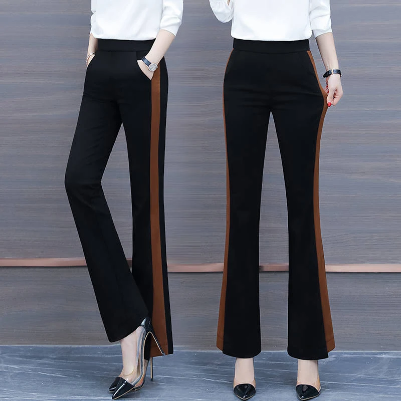 

Spring Summer Women's Casual Pants Trousers Korean Style High Waist Stripe Splicing Split Wide Leg Pants Lady Boot Cut Pant
