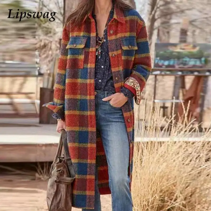 Autumn Elegant Lapel Plaid Lady Wool Coat Jacket Fashion Single Breasted Straight Long Outwear Winter Sleeve Women Overcoat | Женская