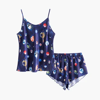 

Planet print Sexy Lingerie Women's Satin Silk Pajama Summer Spaghetti Strap Sleepwear pijama pyjamas women home clothes