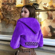 HEYounGIRL/повседневное пушистое кроп пальто с мишкой и вышивкой; сезон осень-зима; укороченная куртка с искусственным мехом; фиолетовое пальто с длинными рукавами; теплое