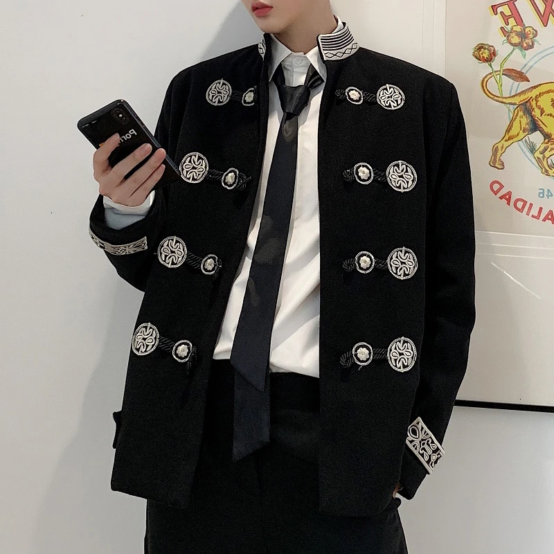 

Gothic Blazer Casual Suit Jacket Male Streetwear Hip Hop Outerwear Stage Clothes Coat Men Vintage Embroidery Stand Collar Loose