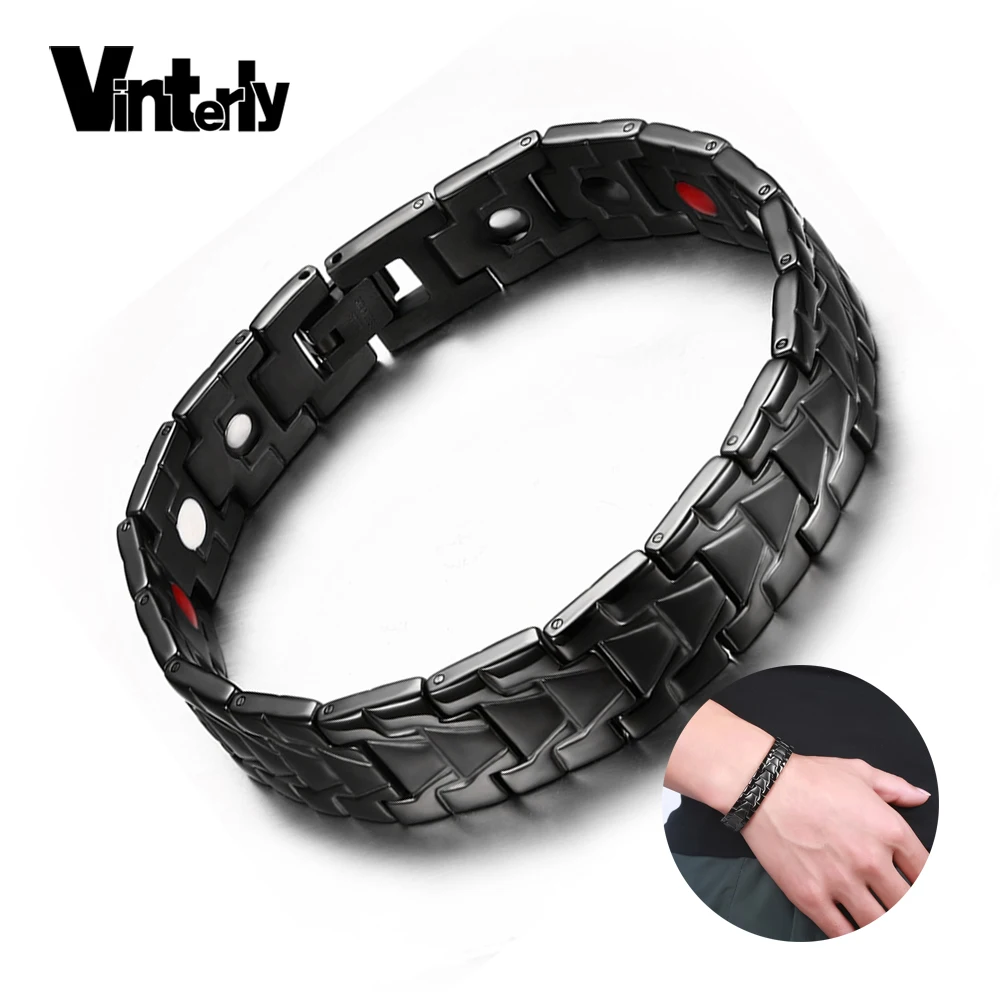 Черный магнитный браслет Vinterly мужские браслеты из нержавеющей стали для