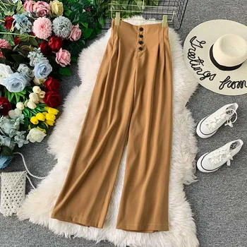 

NiceMix Women Wide Leg Pants Button High Waist 2019 Autumn New Fashion Elegant Office Lady Trousers Korea Casual Solid Chic