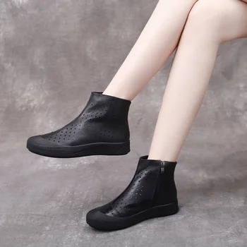 

Leather boots flat casual side zipper women's boots soft bottom soft season velvet warm short boots cotton