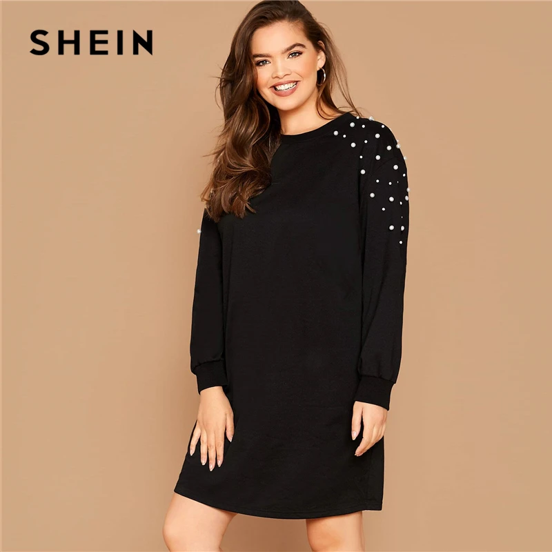

SHEIN Plus Size Black Pearl Beaded Sweatshirt Casual Dress Women Spring Autumn Round Neck Plus Solid Loose Short Dresses
