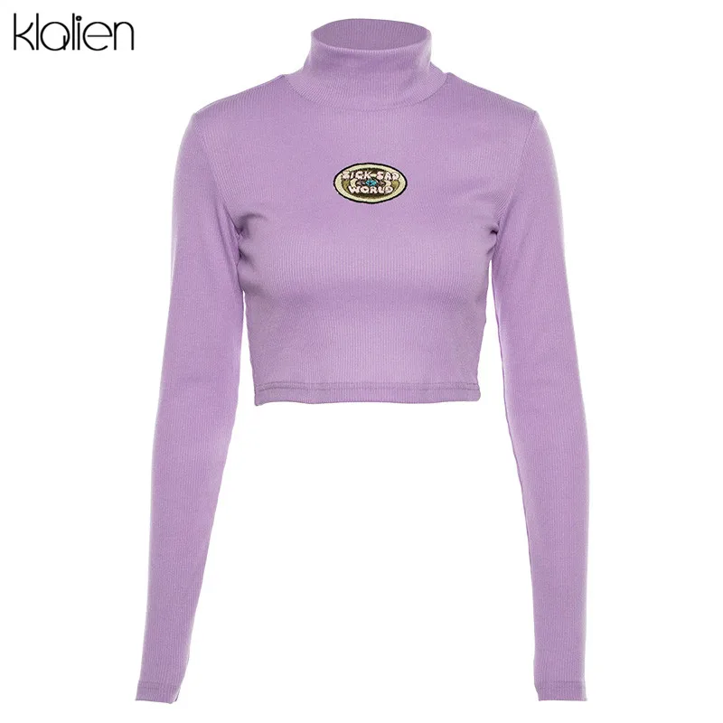 KLALIEN women casual fashion long sleeve turtleneck purple autumn letter tees elegant sweatshirts female pullover loose new - Цвет: Фиолетовый