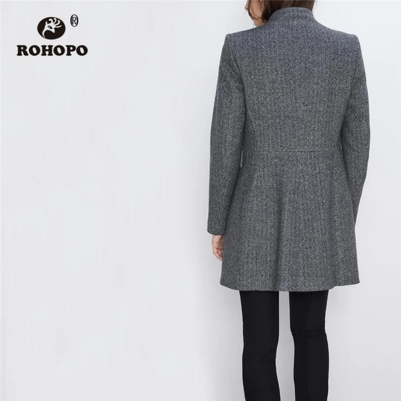 ROHOPO V воротник, твид, пуговицы, серая смесь, пальто с отворотами на талии, вельветовые карманы, расклешенный подол, Осеннее элегантное пальто#295