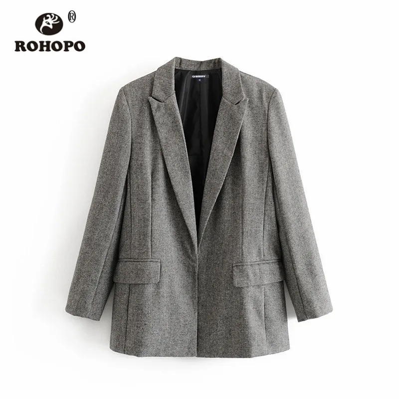 

ROHOPO Woman Blazer Grey Blazer Autumn Notched Collar Solid Ladies Veste #27344