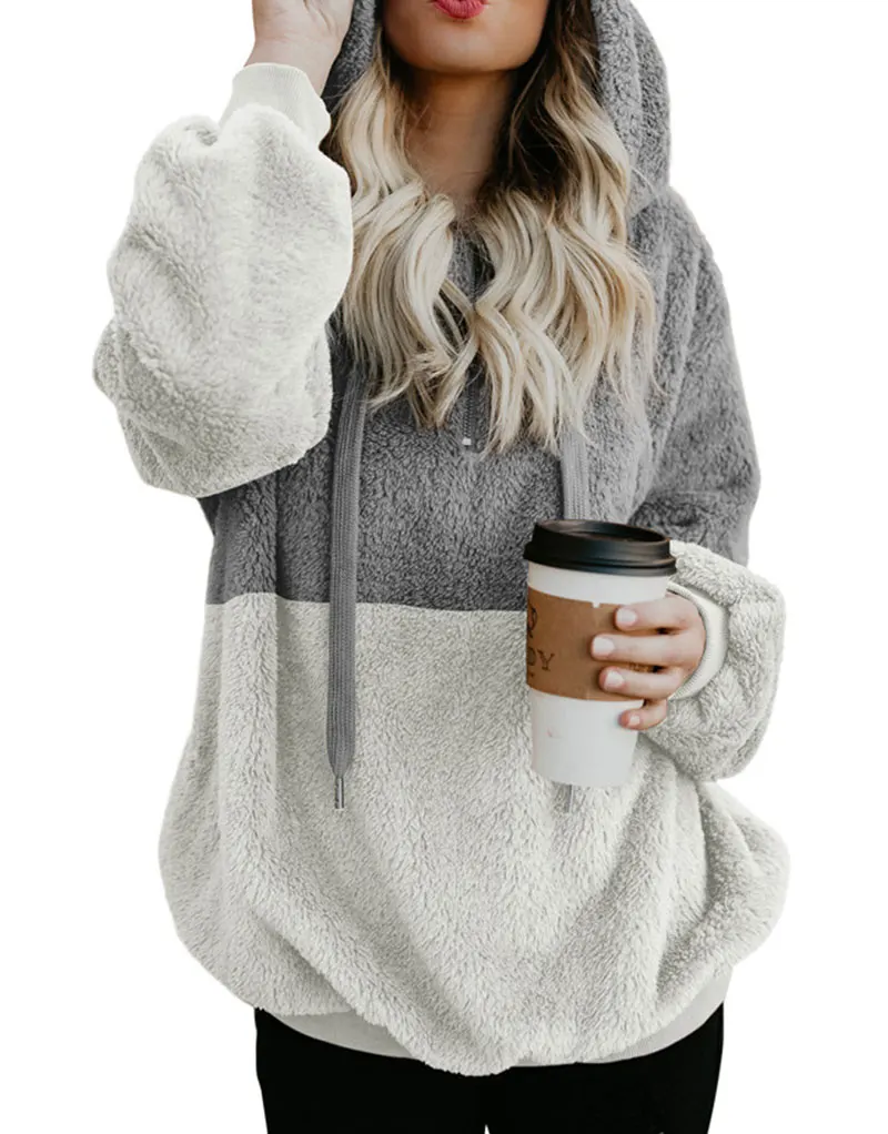 grey hoodie Два Цвет Худи Теплый Лоскутный Одежда Сращивание Плис Плюшевый Свитшот Спортивная Кофта Покрытый Мехом Ворсистый Пушистый Половина Молния Кофта С Капюшоном Женщина Карман Кенгуру Толстовка Капюшон Длинный Рукав - Цвет: grey hoodie
