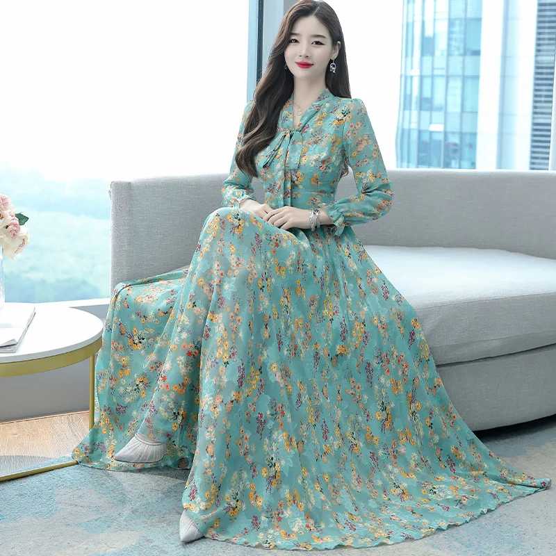 High-End Chiffon Dress 2021 New Autumn Women's Clothing Long Skirt Temperament Slim Looking Base Green Shivering Dresses | Женская