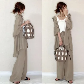 

Two Piece Sets For Women Wide Legs Pants Casual Long Sleeve Blouse Fall Female Fashion Sets Japan 2020 Chic Solid Loose Sets