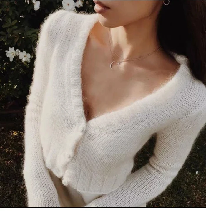 SINRGAN белые с v-образным вырезом мохеровые вязаные на пуговицах кардиган свитер для женщин толстые короткие топы элегантный винтажный свитер