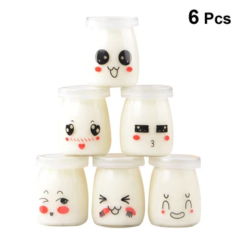 

6pcs 100ml Pudding Bottles Cute Face Heat-resistant Glass Jelly Yogurt Jar Containers (Random Pattern)