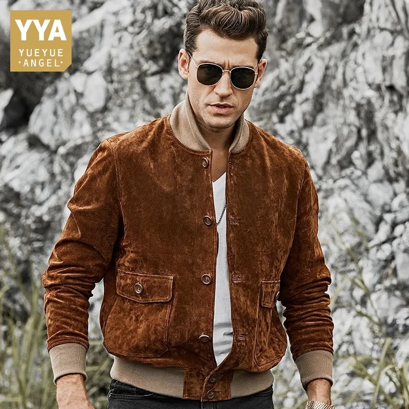 

High Quality Genuine Leather Pigskin Slim Fit Mens Short Jackets Rib Sleeve Stand Collar Single Breasted Causual Coats Plus Size